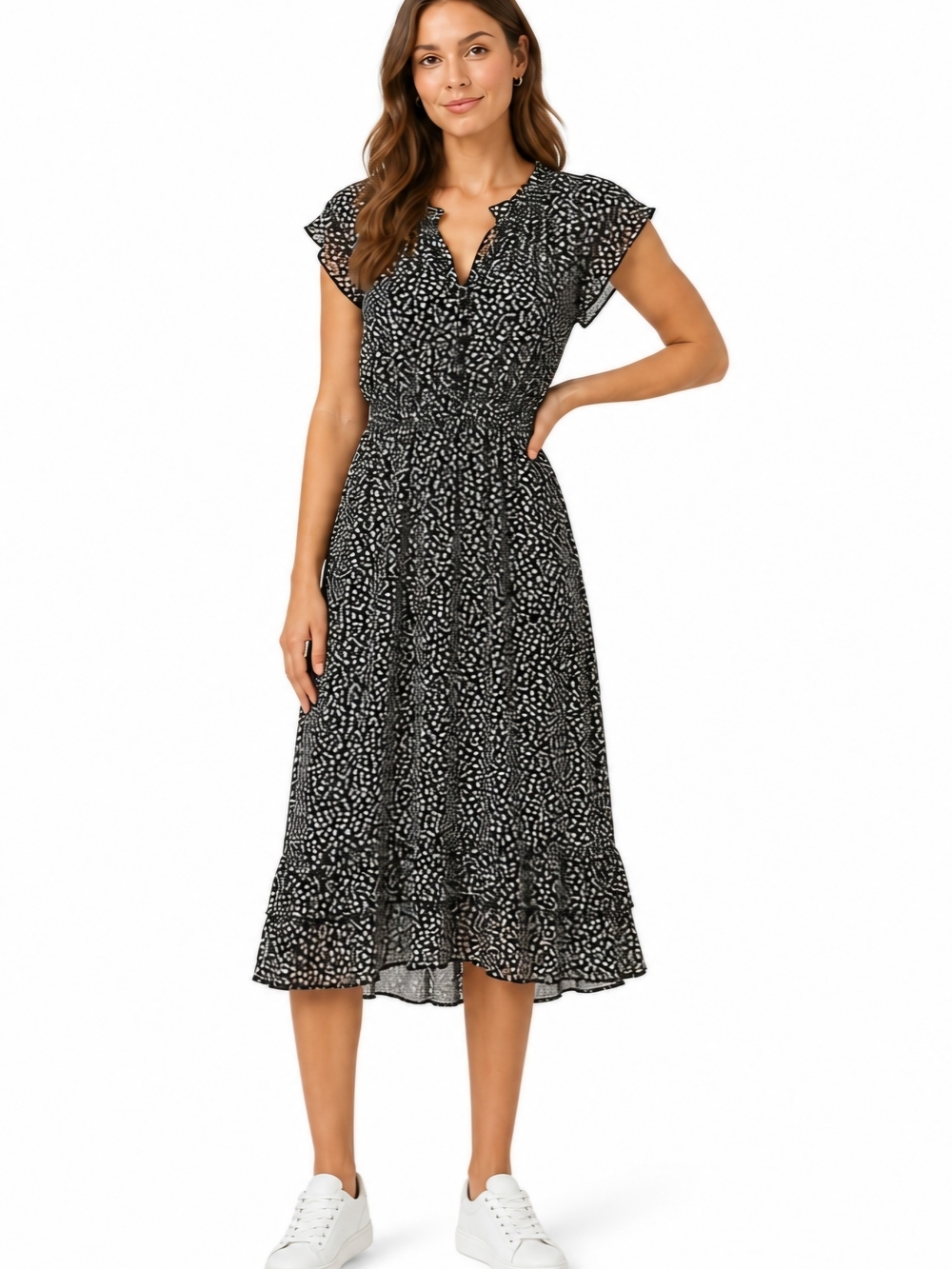 Suzy Shier Floral Midi Dress L Boho Casual Lightweight Tiered Chiffon Summer